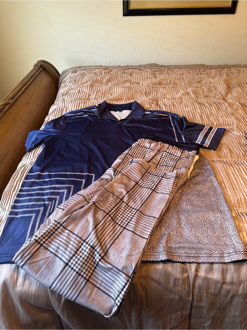Men's Navy Geometric Polo Shirt and Pants Set